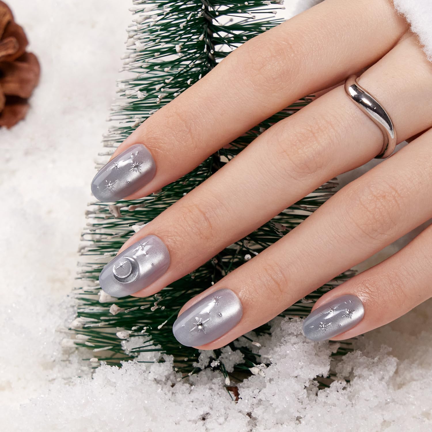 VSALON Press On Nails Short Oval – Silver Gray Cat Eye, 3D Star Moon Design