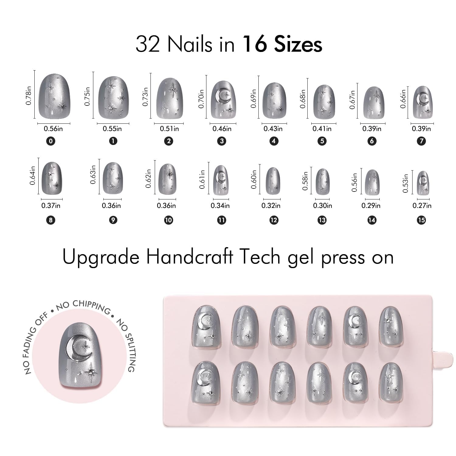 VSALON Press On Nails Short Oval – Silver Gray Cat Eye, 3D Star Moon Design