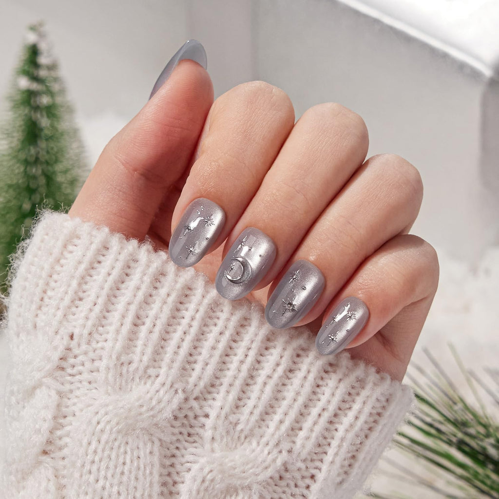 VSALON Press On Nails Short Oval – Silver Gray Cat Eye, 3D Star Moon Design