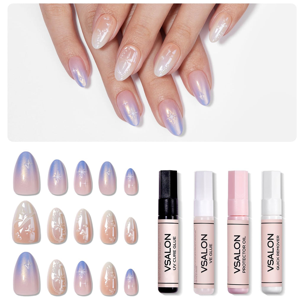 VSALON Press-On Nails Short Almond – Chrome Ombre 3D Star Kit | 42 PCS + Full Tool Kit