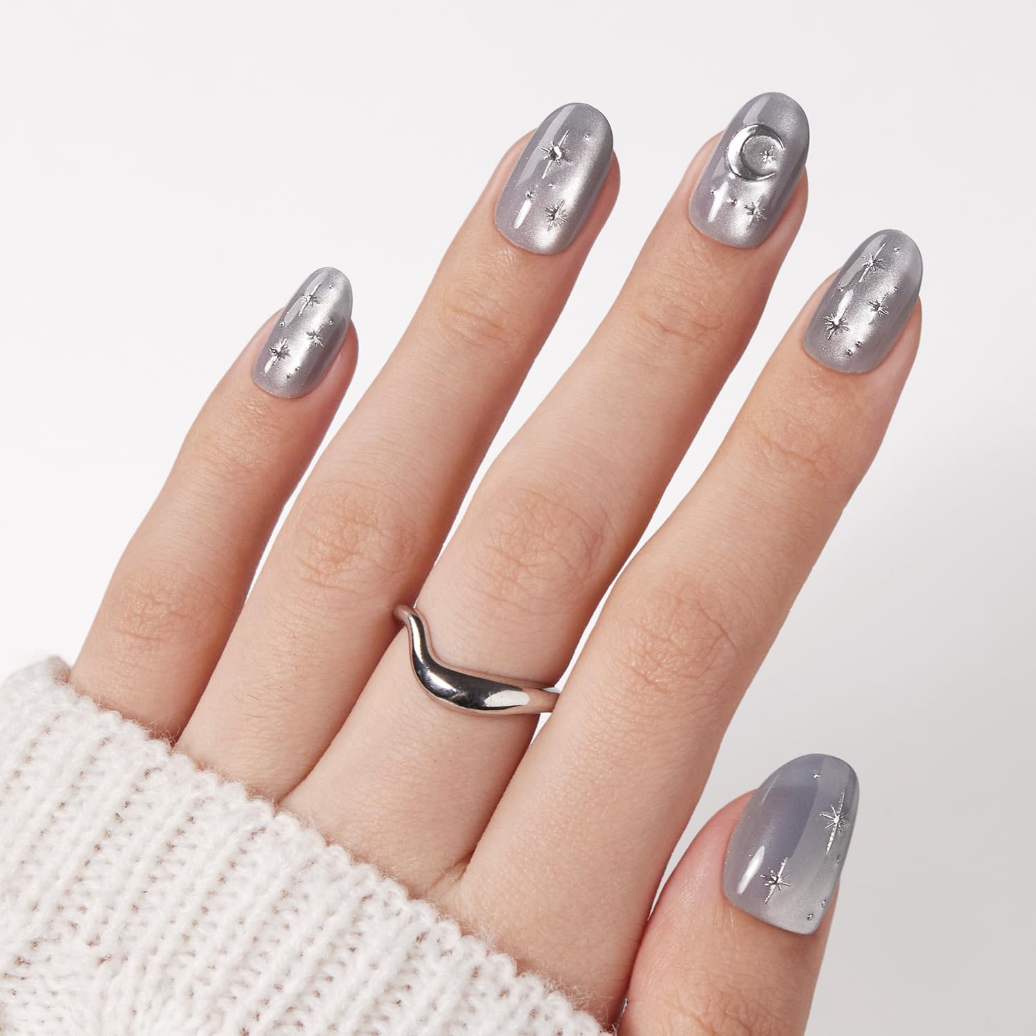 VSALON Press On Nails Short Oval – Silver Gray Cat Eye, 3D Star Moon Design