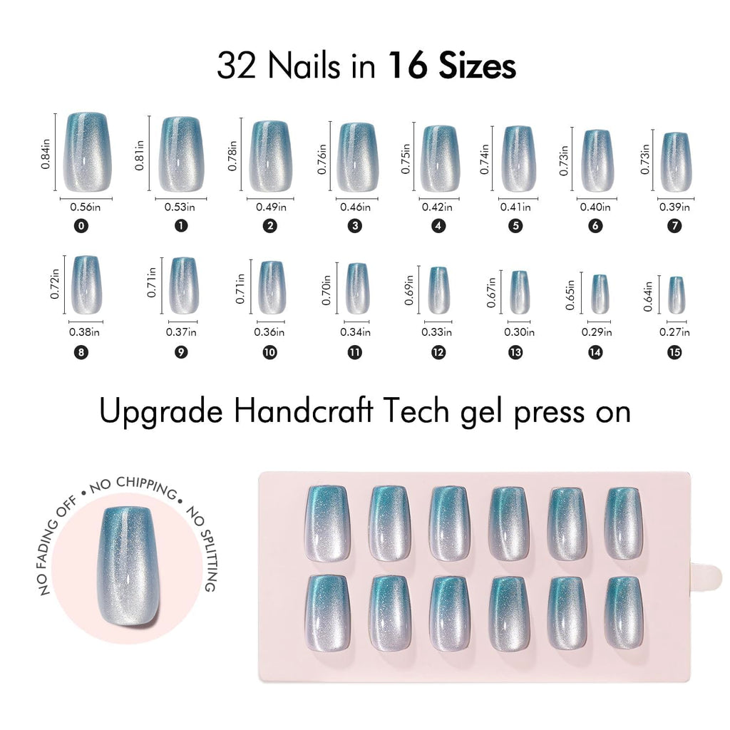 VSALON Press-On Nails Medium Coffin – Ice Blue Cat Eye Chrome Shimmer Ombre, 32 Pcs Kit