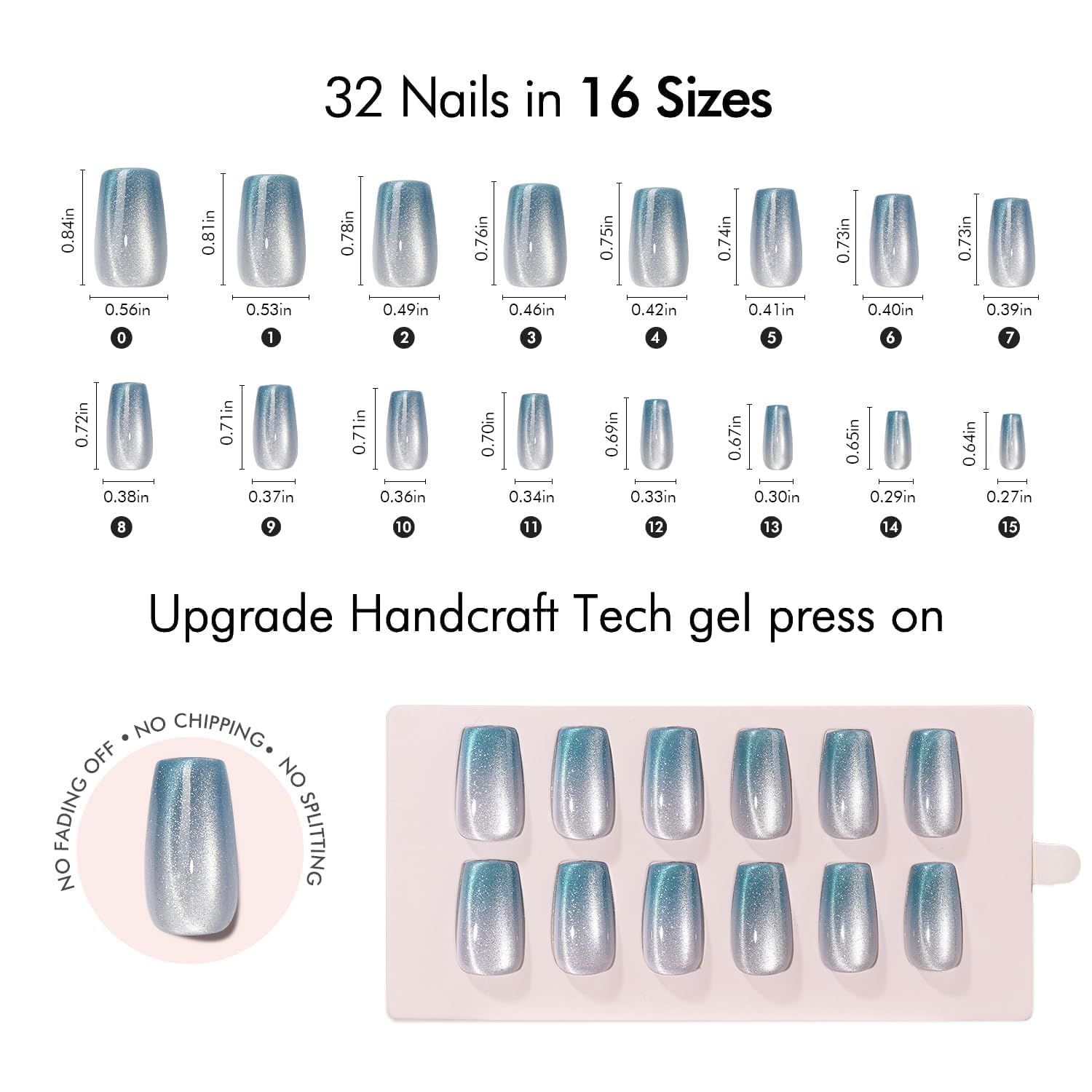 VSALON Press-On Nails Medium Coffin – Ice Blue Cat Eye Chrome Shimmer Ombre, 32 Pcs Kit