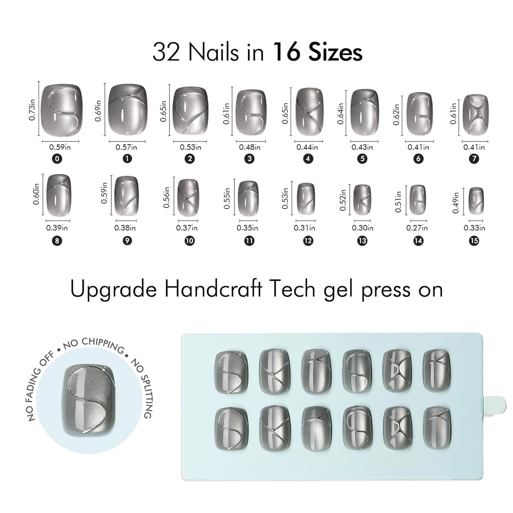 VSALON Press On Nails Short Square – Silver Gray Cat Eye Gloss, 32 Pcs, 16 Sizes, Glue & Cuticle Oil