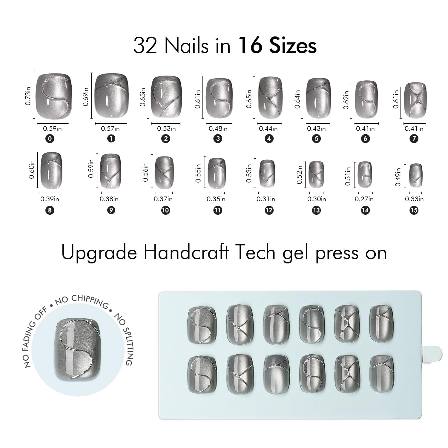 VSALON Press On Nails Short Square – Silver Gray Cat Eye Gloss, 32 Pcs, 16 Sizes, Glue & Cuticle Oil