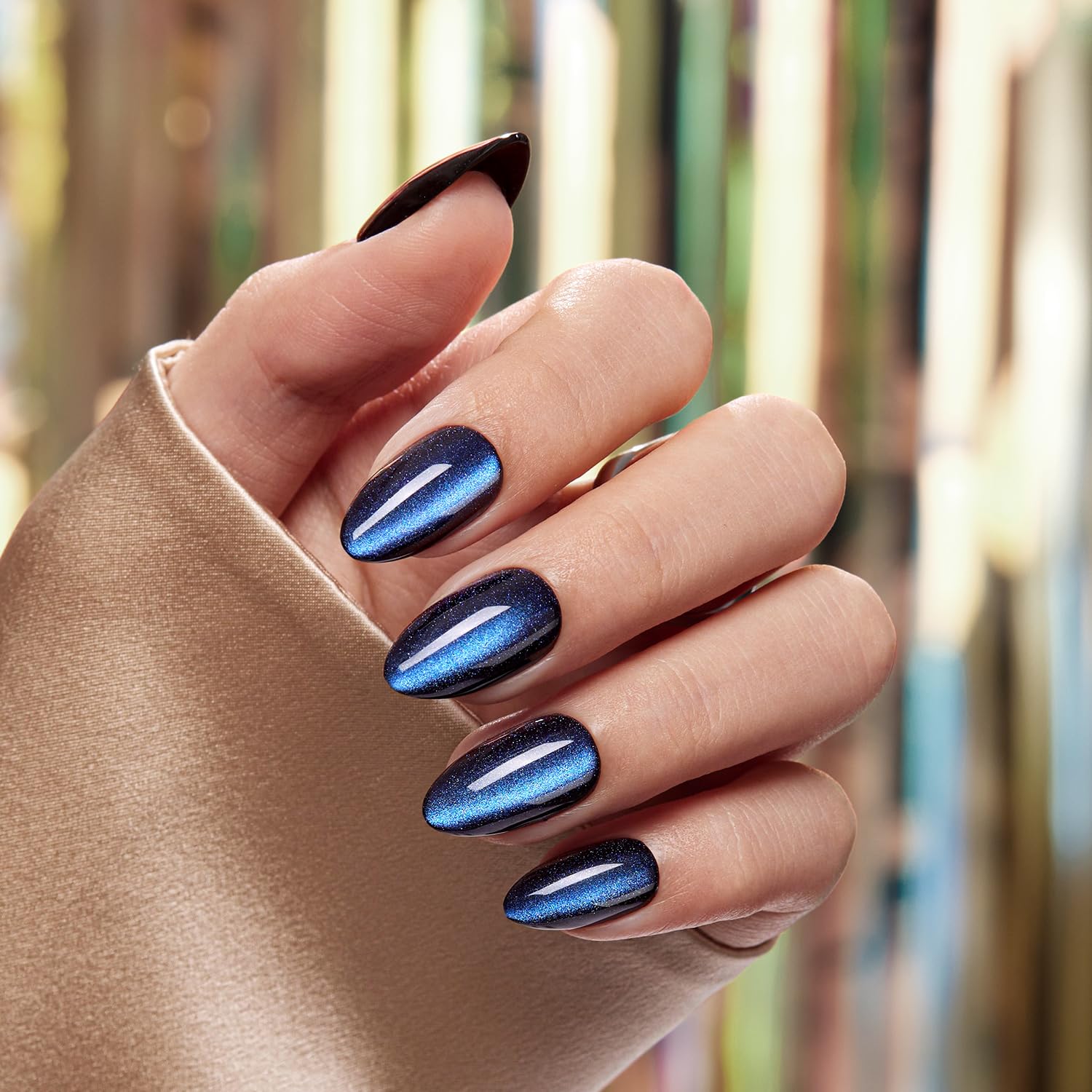 VSALON Press On Nails Short Almond - Blue Cat Eye Chrome Kit | 32 Pcs, 16 Sizes, Midnight Tide