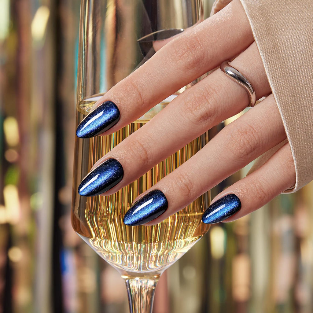 VSALON Press On Nails Short Almond - Blue Cat Eye Chrome Kit | 32 Pcs, 16 Sizes, Midnight Tide