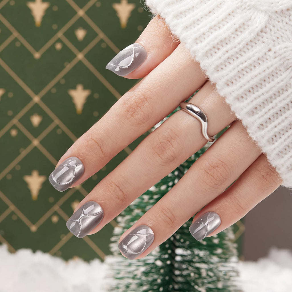 VSALON Press On Nails Short Square – Silver Gray Cat Eye Gloss, 32 Pcs, 16 Sizes, Glue & Cuticle Oil
