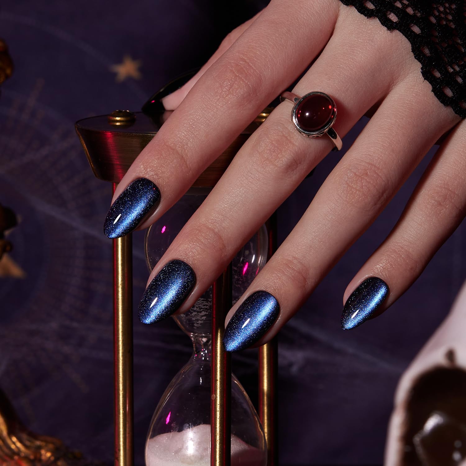VSALON Press On Nails Short Almond - Blue Cat Eye Chrome Kit | 32 Pcs, 16 Sizes, Midnight Tide