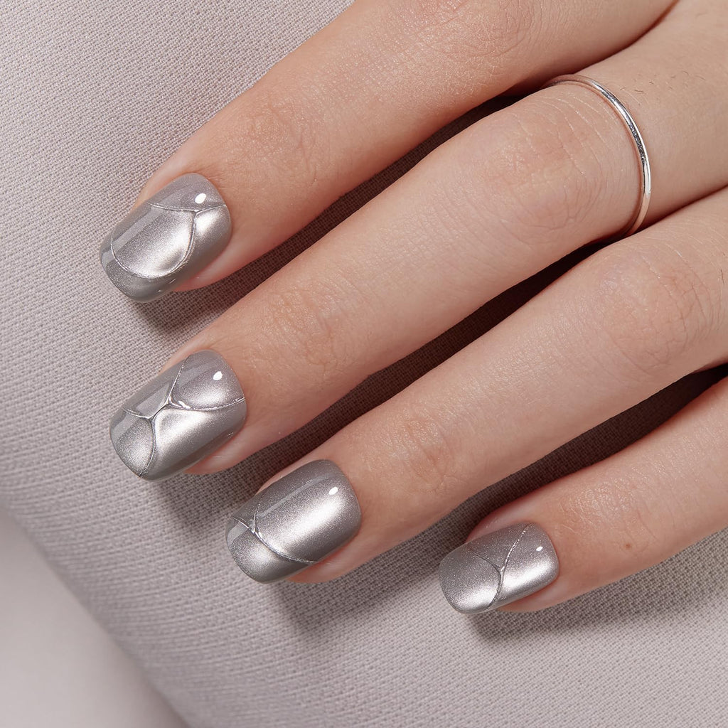 VSALON Press On Nails Short Square – Silver Gray Cat Eye Gloss, 32 Pcs, 16 Sizes, Glue & Cuticle Oil