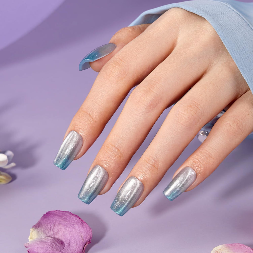 VSALON Press-On Nails Medium Coffin – Ice Blue Cat Eye Chrome Shimmer Ombre, 32 Pcs Kit
