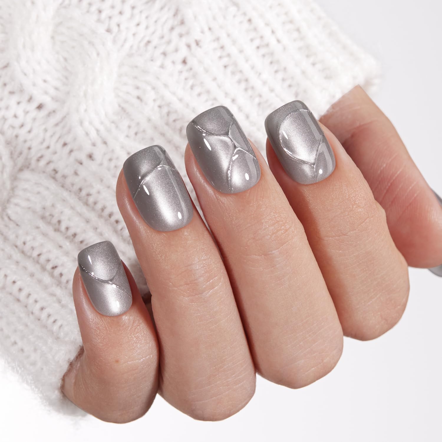 VSALON Press On Nails Short Square – Silver Gray Cat Eye Gloss, 32 Pcs, 16 Sizes, Glue & Cuticle Oil