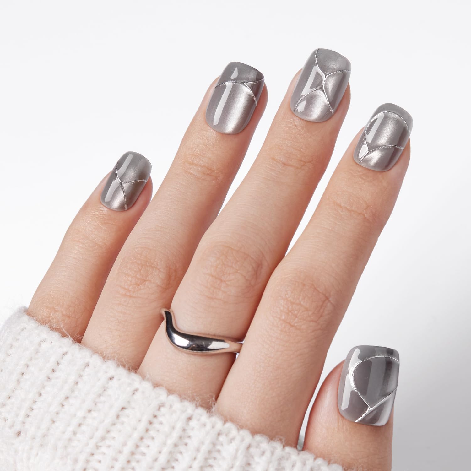 VSALON Press On Nails Short Square – Silver Gray Cat Eye Gloss, 32 Pcs, 16 Sizes, Glue & Cuticle Oil