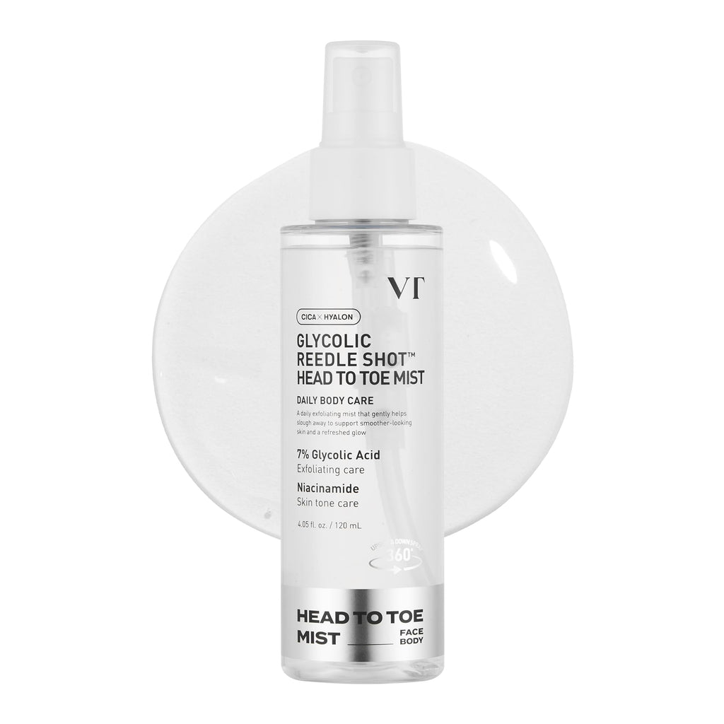 VT COSMETICS 7% Glycolic Acid Reedle Shot Head-to-Toe Mist with Niacinamide & Hyaluronic Acid – Exfoliating Spray for Texture & KP