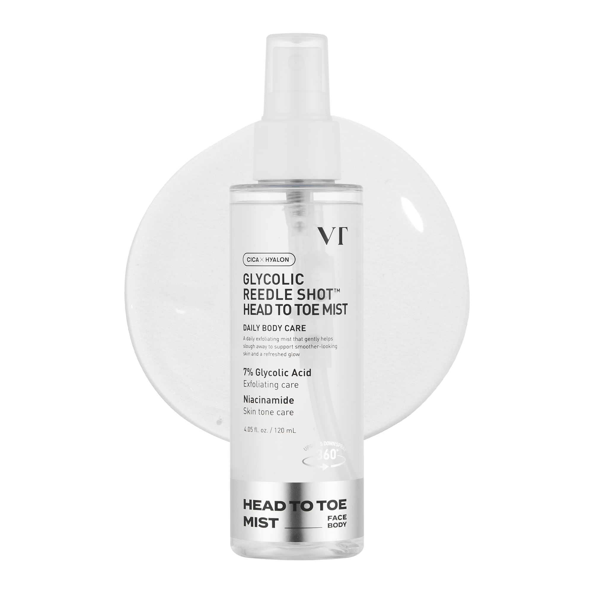 VT COSMETICS 7% Glycolic Acid Reedle Shot Head-to-Toe Mist with Niacinamide & Hyaluronic Acid – Exfoliating Spray for Texture & KP
