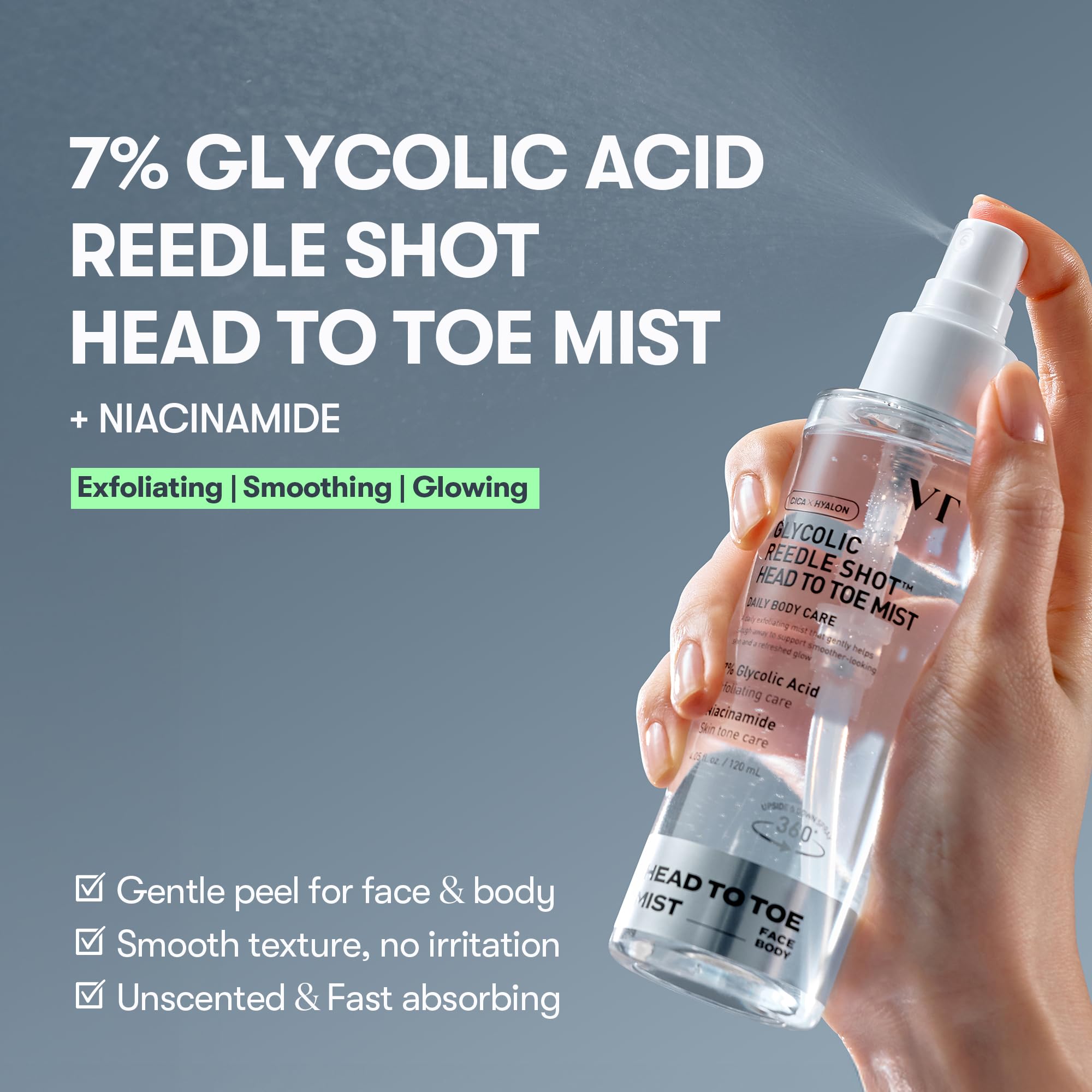 VT COSMETICS 7% Glycolic Acid Reedle Shot Head-to-Toe Mist with Niacinamide & Hyaluronic Acid – Exfoliating Spray for Texture & KP