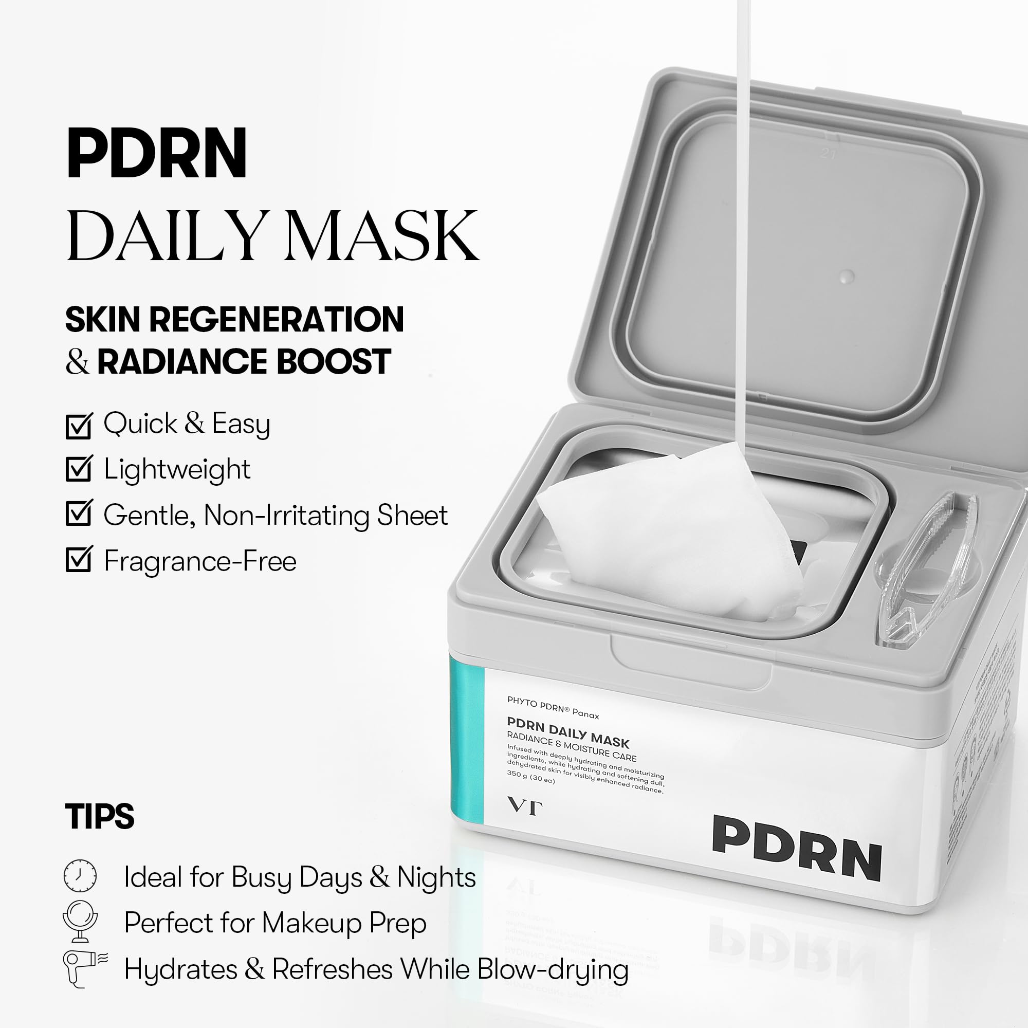 VT COSMETICS PDRN Daily Mask – 30 Vegan PDRN Sheets for Hydration & Radiance