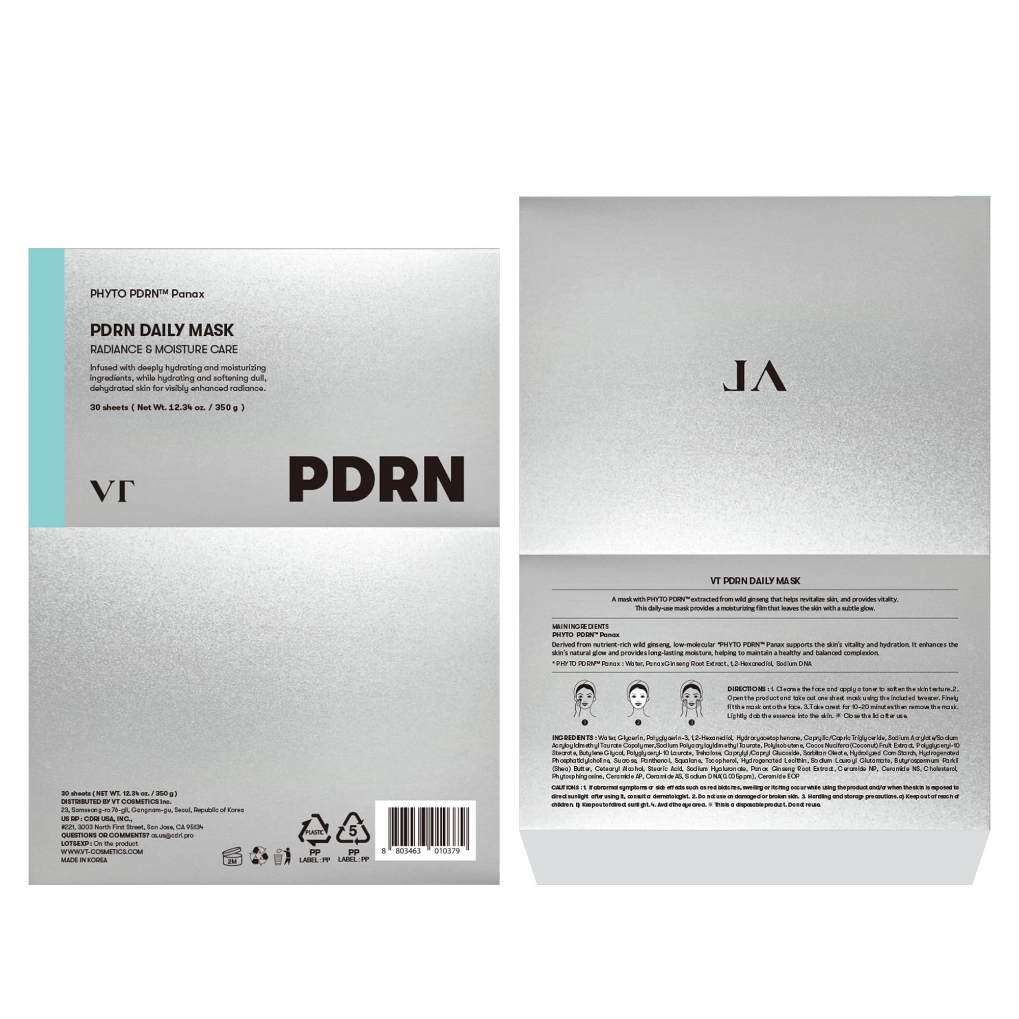 VT COSMETICS PDRN Daily Mask – 30 Vegan PDRN Sheets for Hydration & Radiance