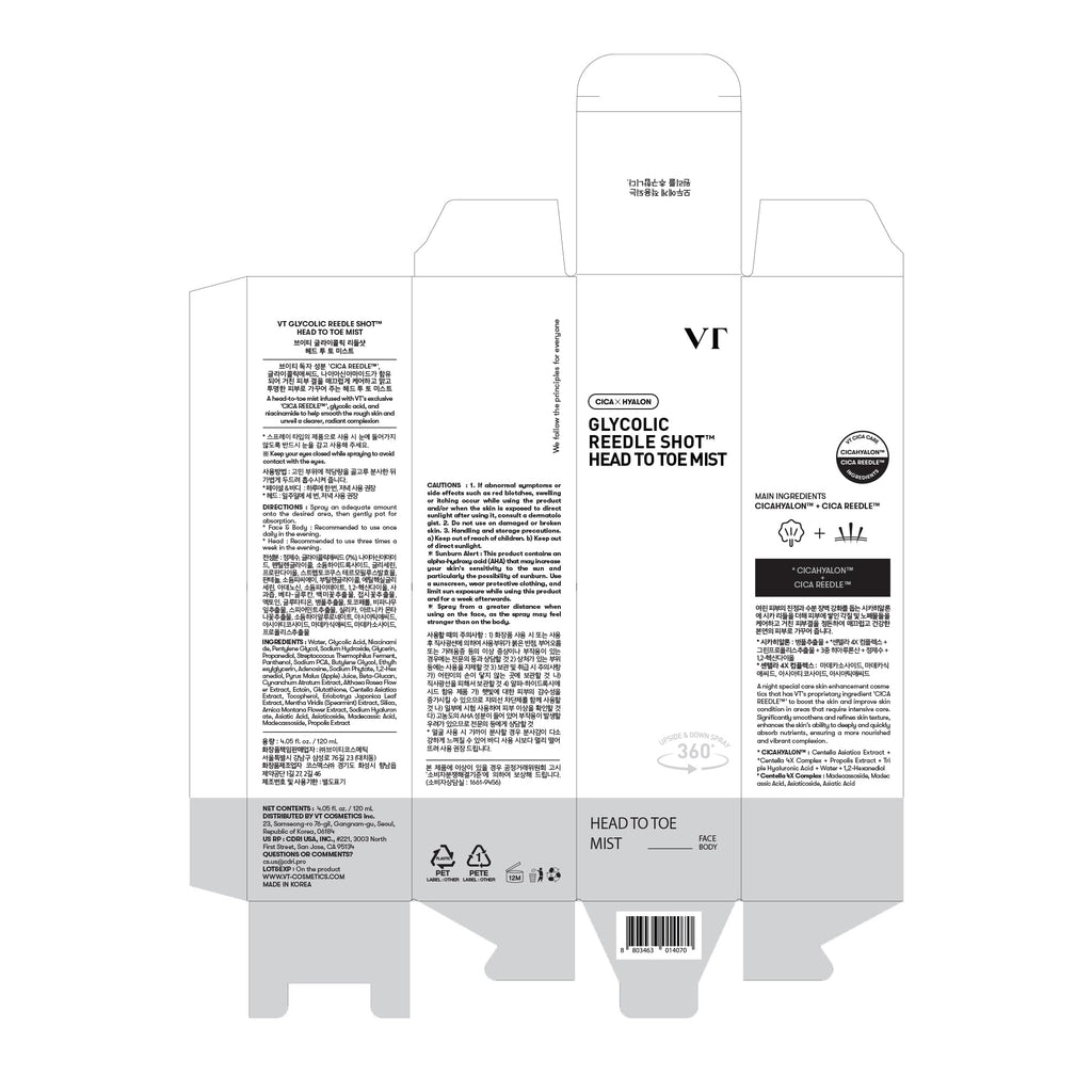VT COSMETICS 7% Glycolic Acid Reedle Shot Head-to-Toe Mist with Niacinamide & Hyaluronic Acid – Exfoliating Spray for Texture & KP