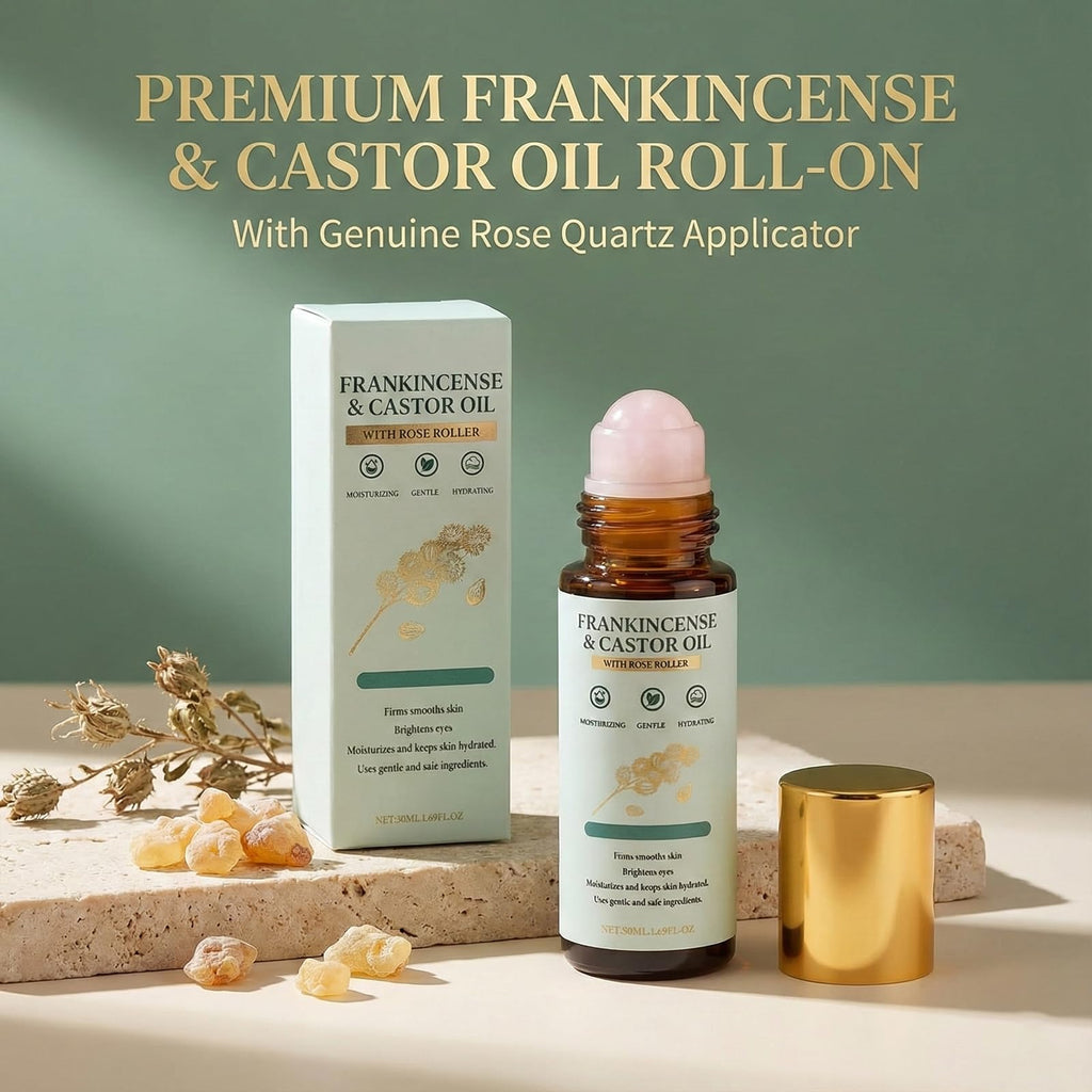 Vunqibroz Frankincense & Castor Oil Roll-On with Rose Quartz – Organic Castor Oil for Face & Body, 50ml
