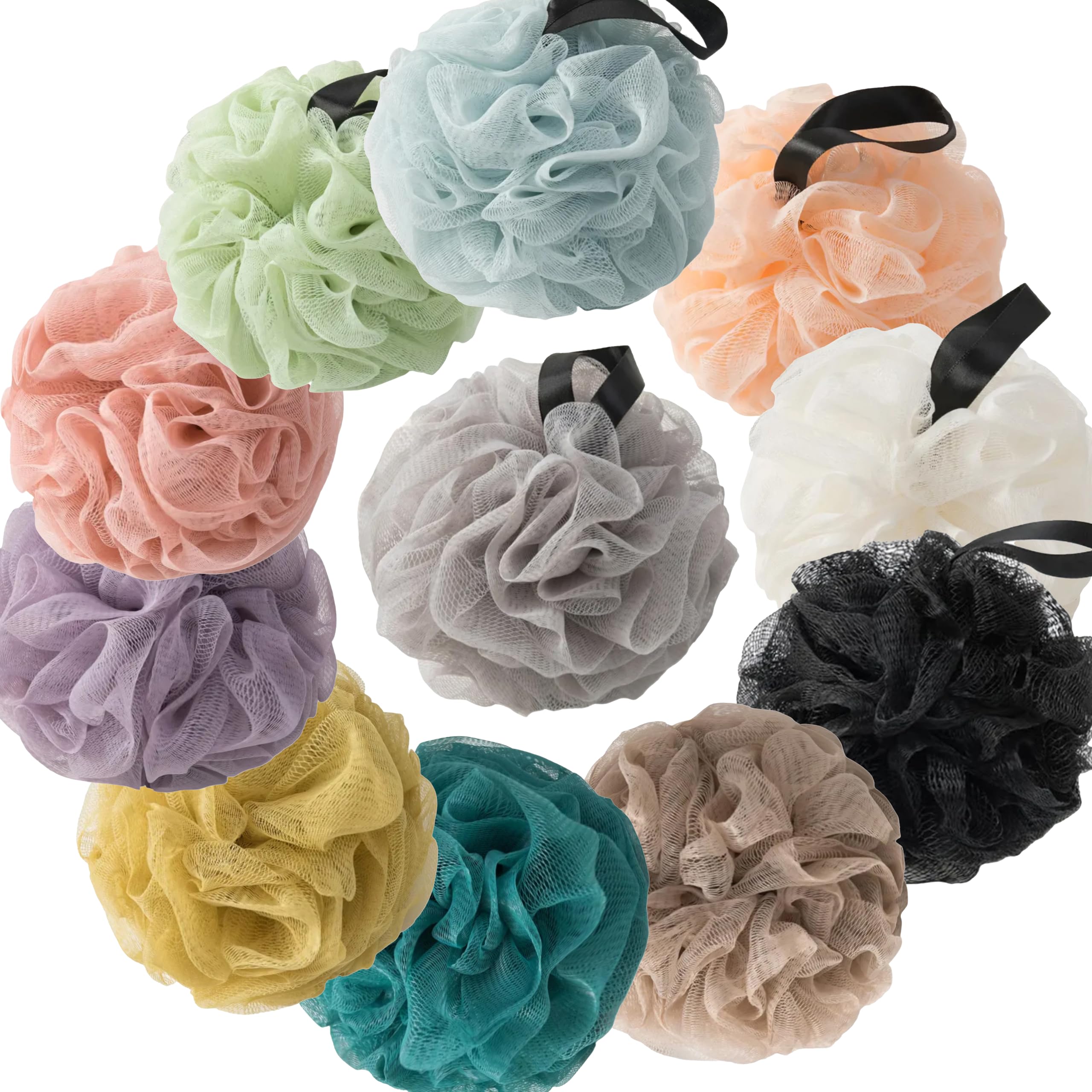 VVmotes Loofah Sponges for Shower – 8 Pack Multi-Color Set (Black, Dark Green, Peacock, Khaki, Gray, Pink, Purple, Yellow)