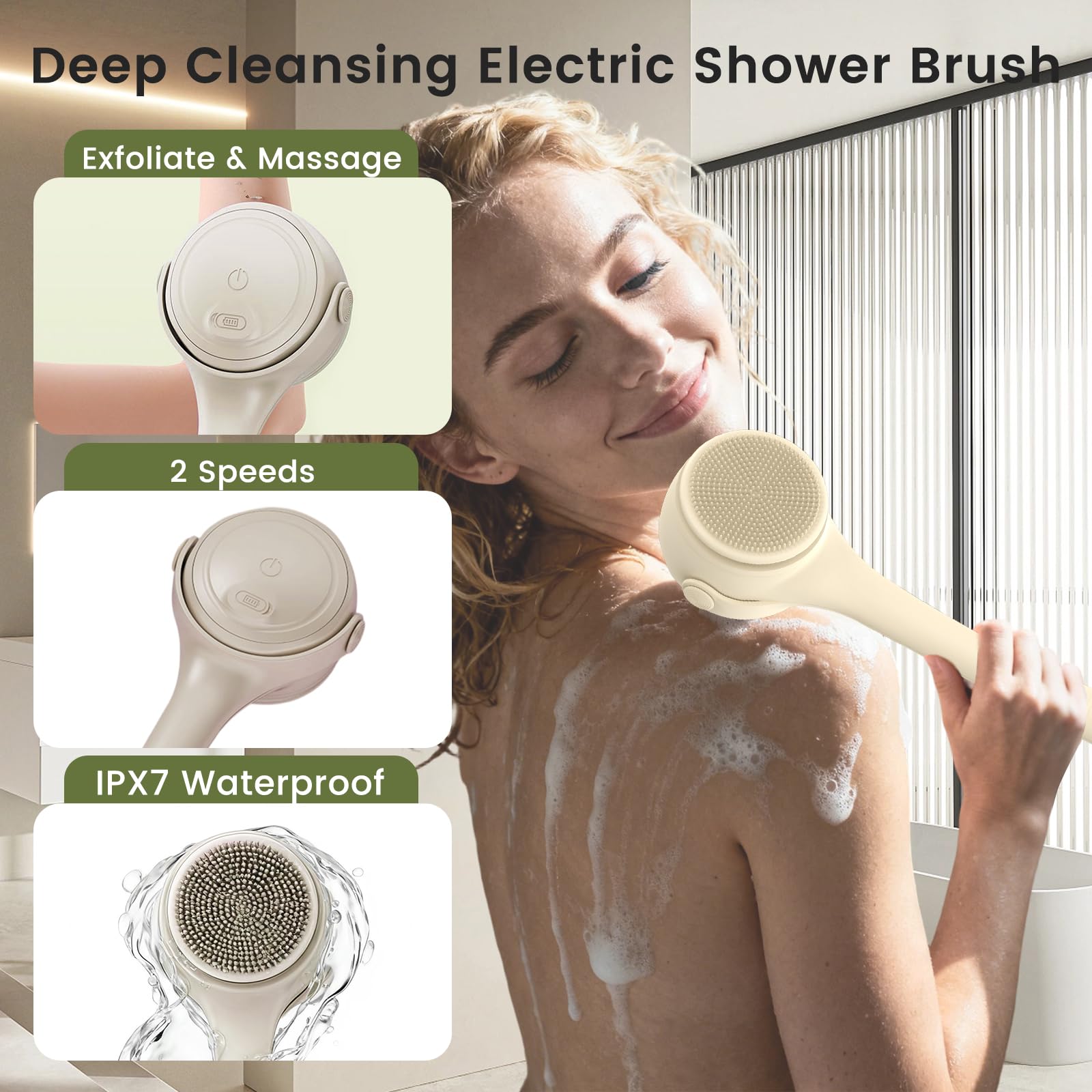 VWMYQ Electric Back Scrubber – Waterproof USB Rechargeable Exfoliating Brush for Back, Arms & Legs