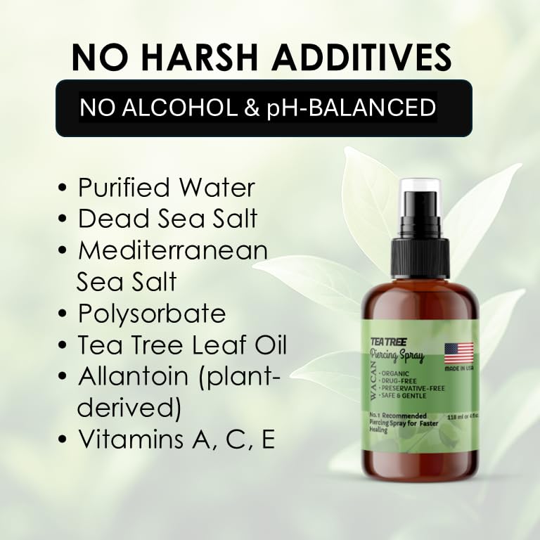 Wacan Advanced Tea Tree Piercing Spray – Alcohol-Free Saline Aftercare for Ears, Nose & Belly