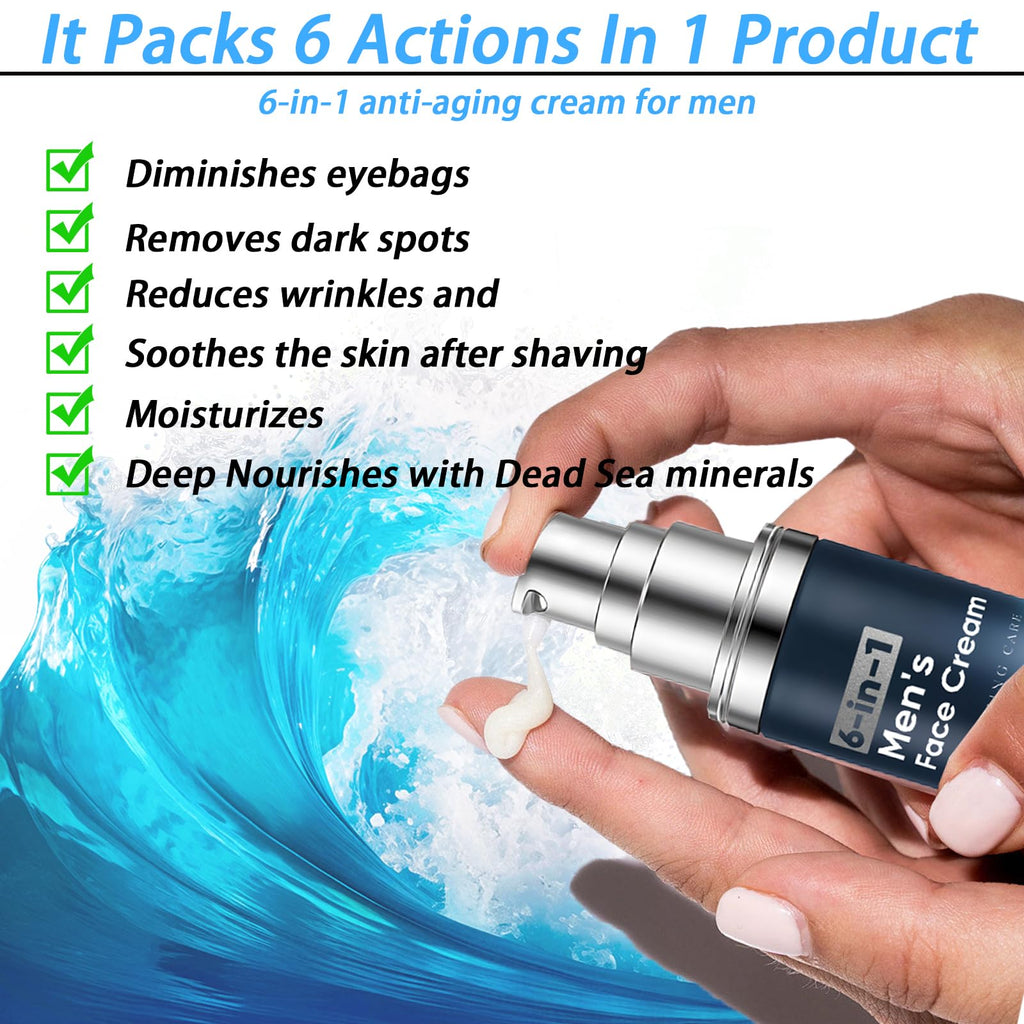 WAESKI 6-in-1 Face Cream for Men – Anti-Aging Moisturizer with Collagen, Hyaluronic Acid & Shea Butter | Reduces Wrinkles, Dark Circles & Puffiness | 1.76 fl oz