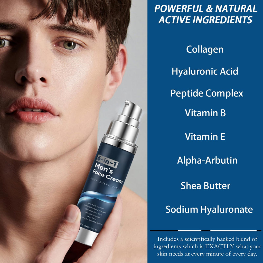 WAESKI 6-in-1 Face Cream for Men – Anti-Aging Moisturizer with Collagen, Hyaluronic Acid & Shea Butter | Reduces Wrinkles, Dark Circles & Puffiness | 1.76 fl oz