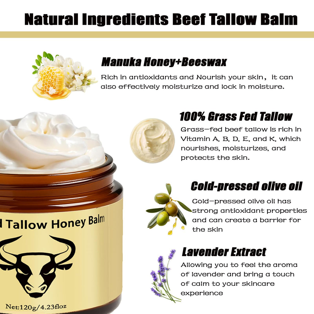 WAESKI Beef Tallow Balm with Honey & Lavender – Deep Hydration, 2.11oz