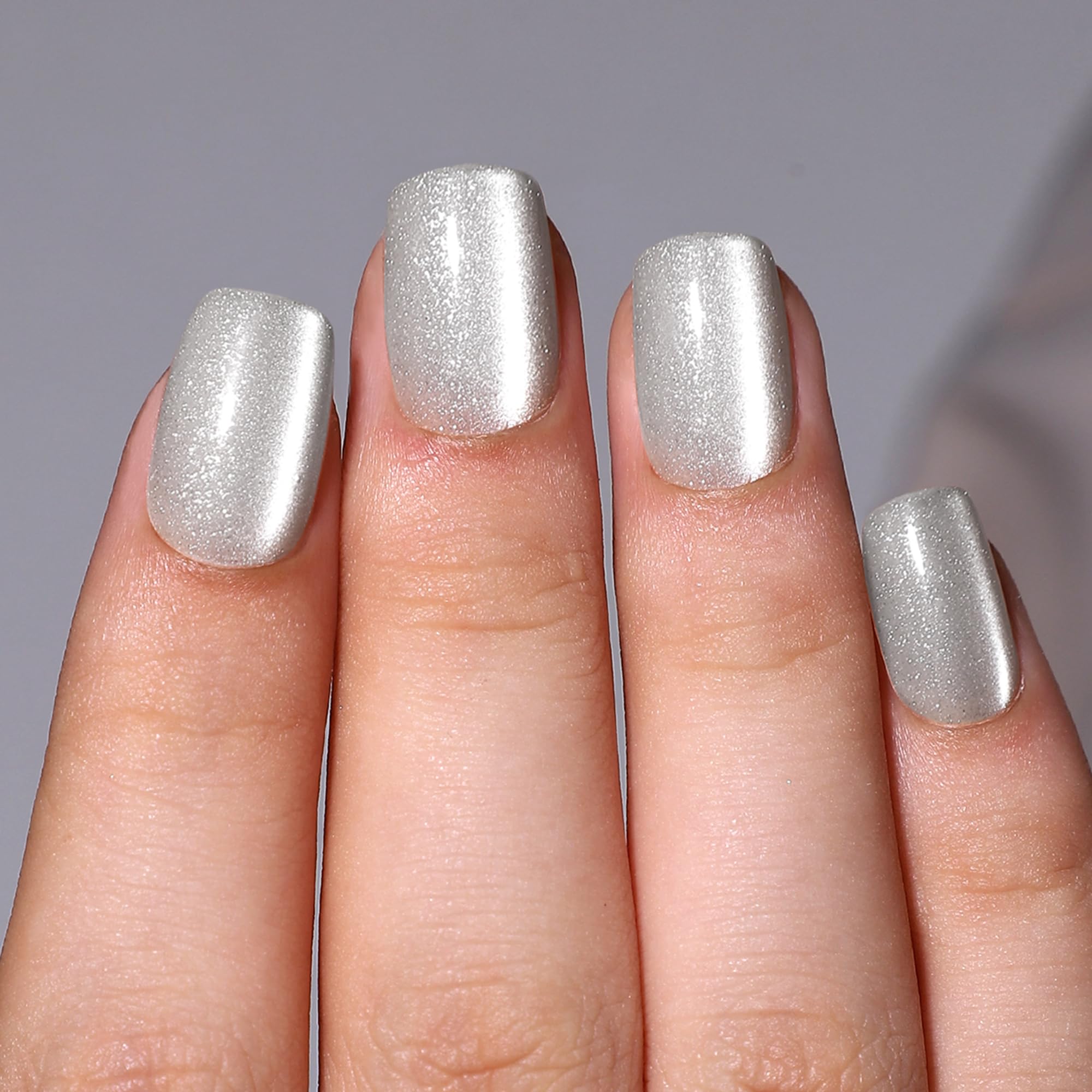 WAFOLOZE Gel Press On Nails Square – Silver Cats-Eye Design, 32 Pcs, 16 Sizes