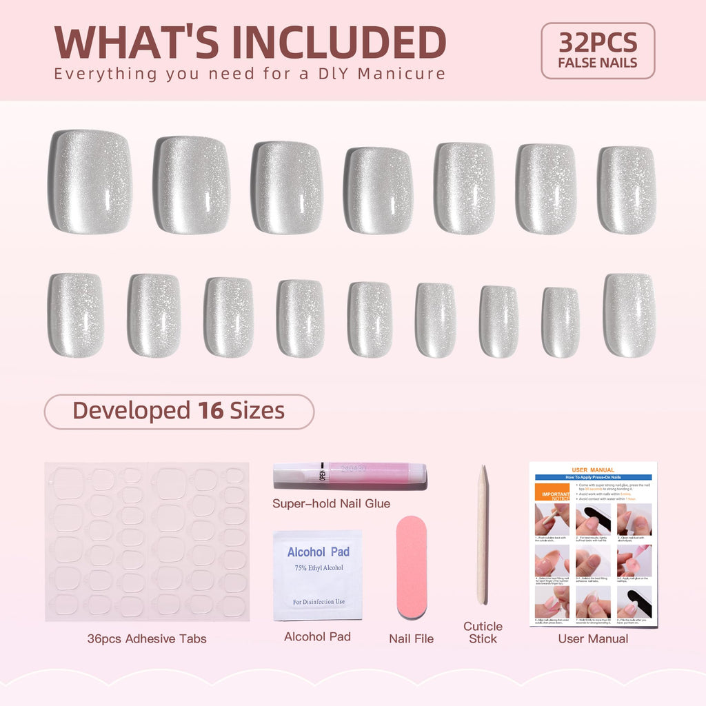 WAFOLOZE Gel Press On Nails Square – Silver Cats-Eye Design, 32 Pcs, 16 Sizes