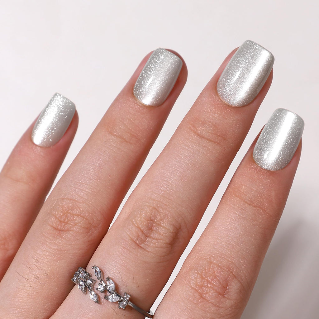 WAFOLOZE Gel Press On Nails Square – Silver Cats-Eye Design, 32 Pcs, 16 Sizes