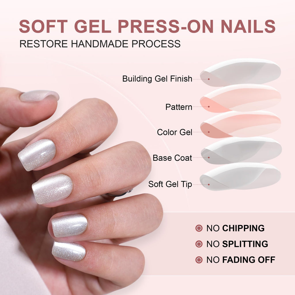 WAFOLOZE Gel Press On Nails Square – Silver Cats-Eye Design, 32 Pcs, 16 Sizes