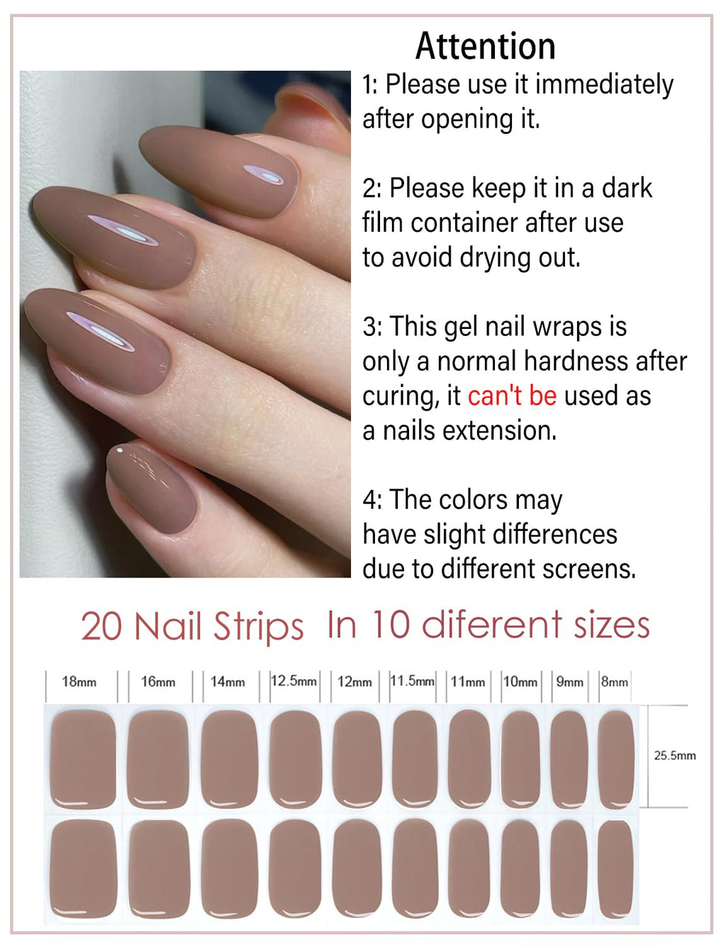 Wahrshei Semi Cured Gel Nail Strips Jelly Brown 20pcs – Adhesive UV Sticker Wraps for Home Manicure