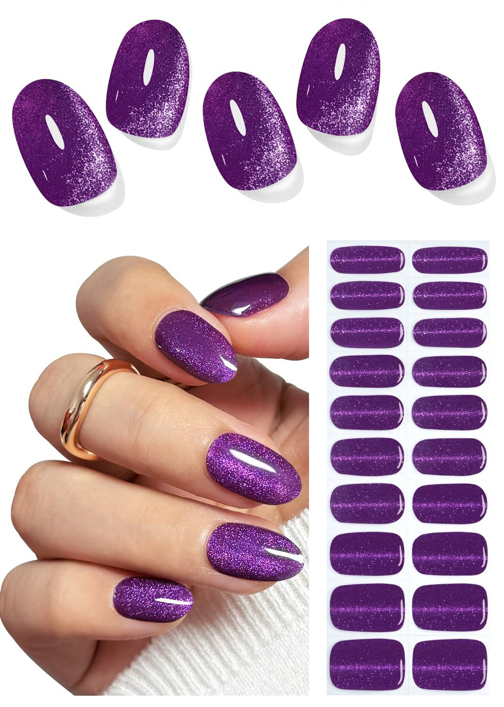 Wahrshei Semi-Cured Gel Nail Strips – Purple Cat Eye (20pcs) for DIY Home Manicure