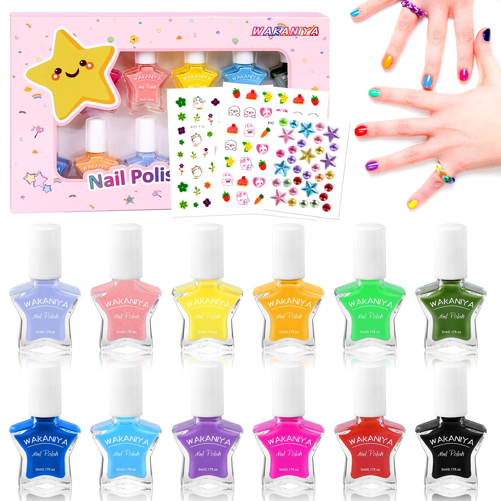 wakaniya Kids Nail Polish Set – 12 Rainbow Colors, Non-Toxic Water-Based & Peel-Off, Quick-Dry for Girls 3+