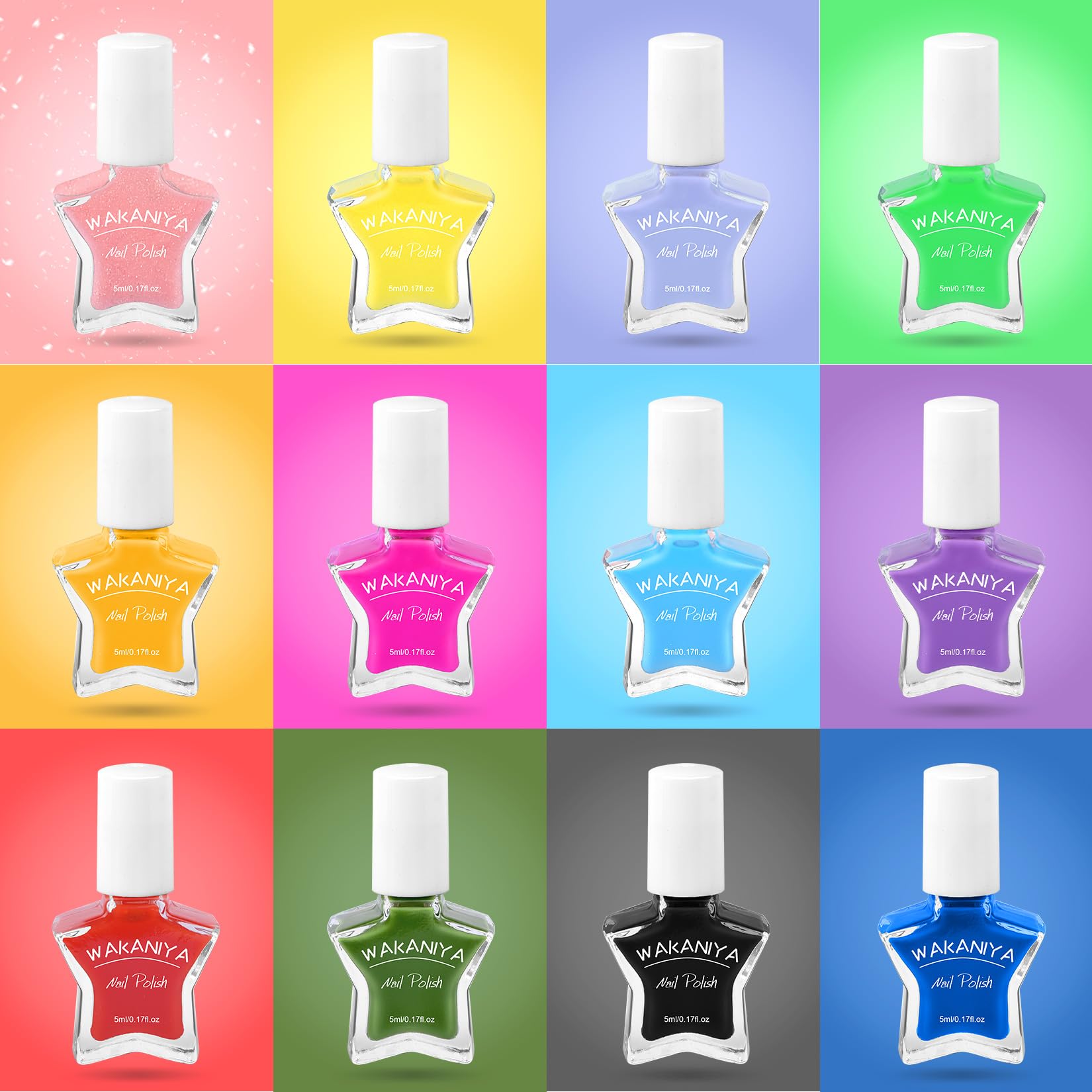 wakaniya Kids Nail Polish Set – 12 Rainbow Colors, Non-Toxic Water-Based & Peel-Off, Quick-Dry for Girls 3+