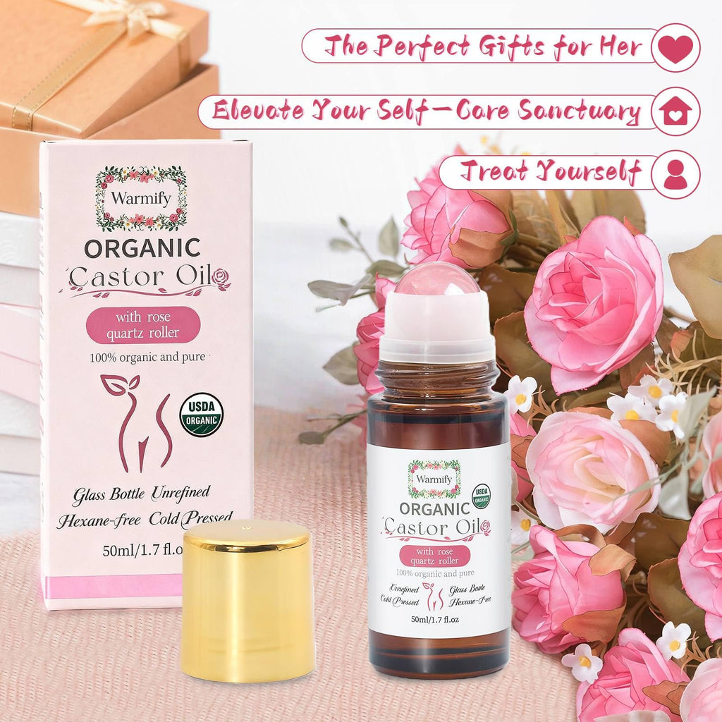 Warmify Organic Castor Oil with Rose Quartz Roll-On – 50ml, Cold-Pressed & Hexane-Free