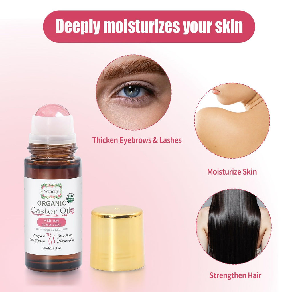 Warmify Organic Castor Oil with Rose Quartz Roll-On – 50ml, Cold-Pressed & Hexane-Free