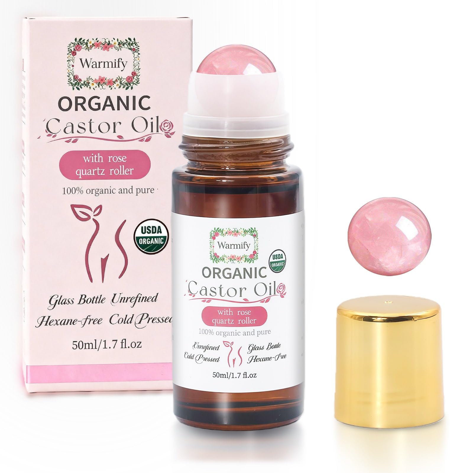 Warmify Organic Castor Oil with Rose Quartz Roll-On – 50ml, Cold-Pressed & Hexane-Free