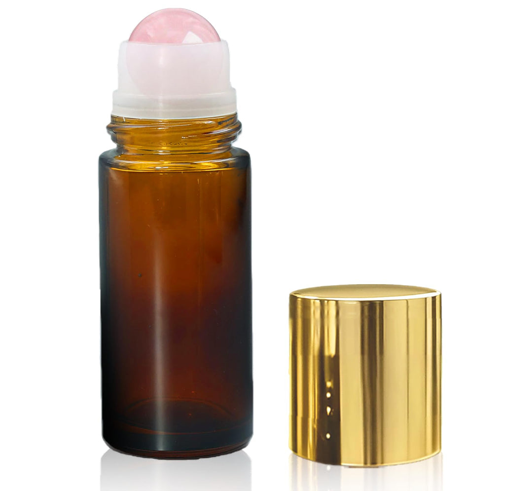 Warmify Rose Quartz Roller Bottles 50ml – Amber Glass Refillable Roll-On with Natural Crystal Balls and Gold Caps
