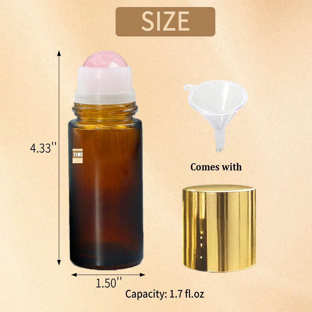 Warmify Rose Quartz Roller Bottles 50ml – Amber Glass Refillable Roll-On with Natural Crystal Balls and Gold Caps