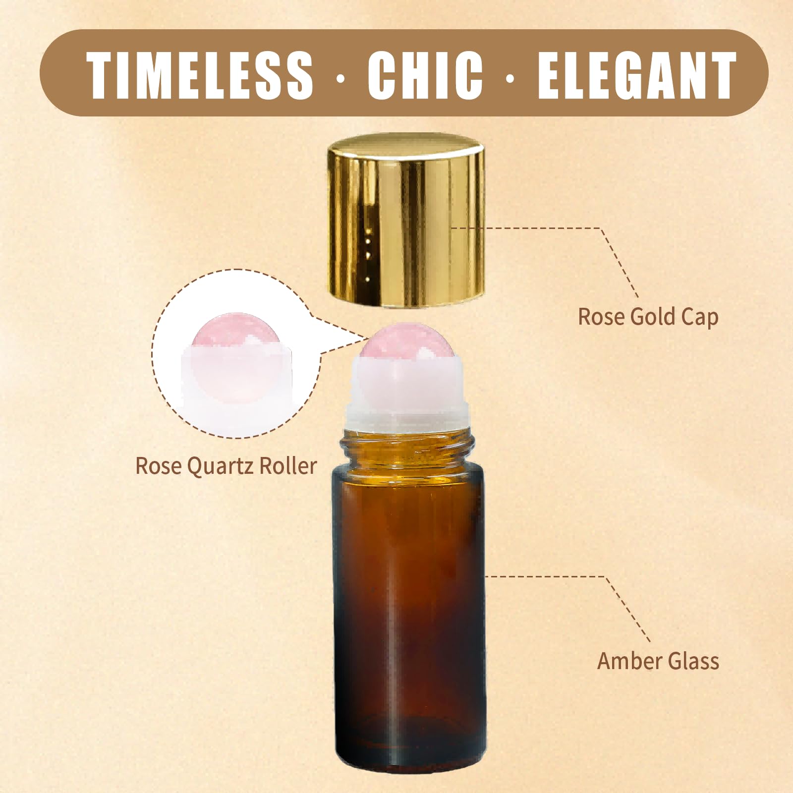 Warmify Rose Quartz Roller Bottles 50ml – Amber Glass Refillable Roll-On with Natural Crystal Balls and Gold Caps