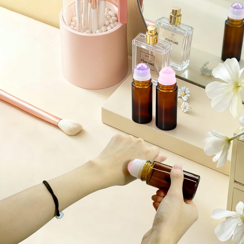 Warmify Rose Quartz Roller Bottles 50ml – Amber Glass Refillable Roll-On with Natural Crystal Balls and Gold Caps