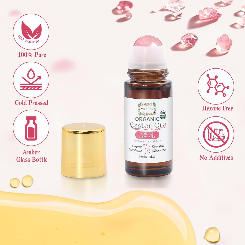 Warmify Organic Castor Oil with Rose Quartz Roll-On – 50ml, Cold-Pressed & Hexane-Free