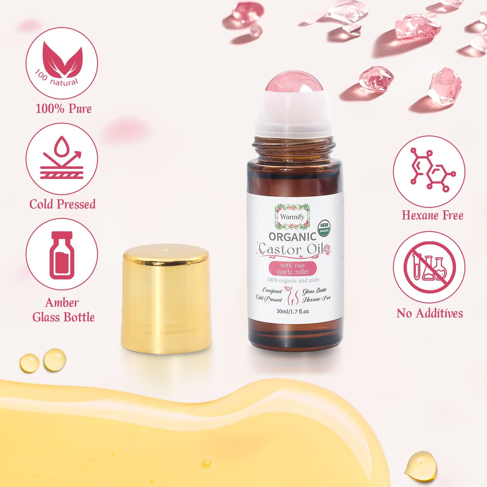 Warmify Organic Castor Oil with Rose Quartz Roll-On – 50ml, Cold-Pressed & Hexane-Free