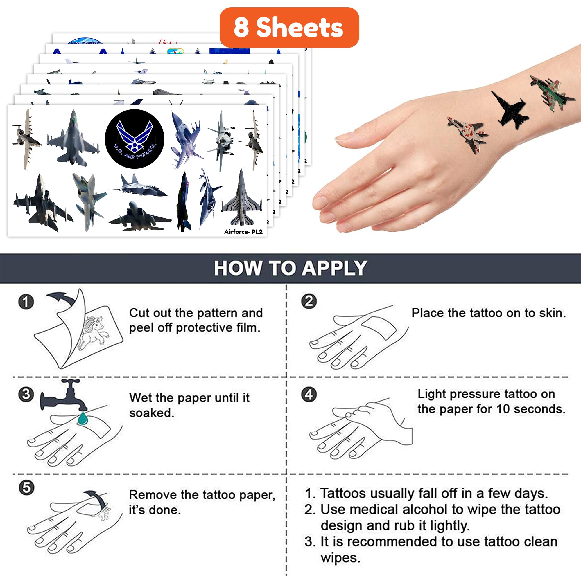 96 PCS US Airplane Jet Fighter Temporary Tattoos – Party Favors & Decorations for Kids and Adults