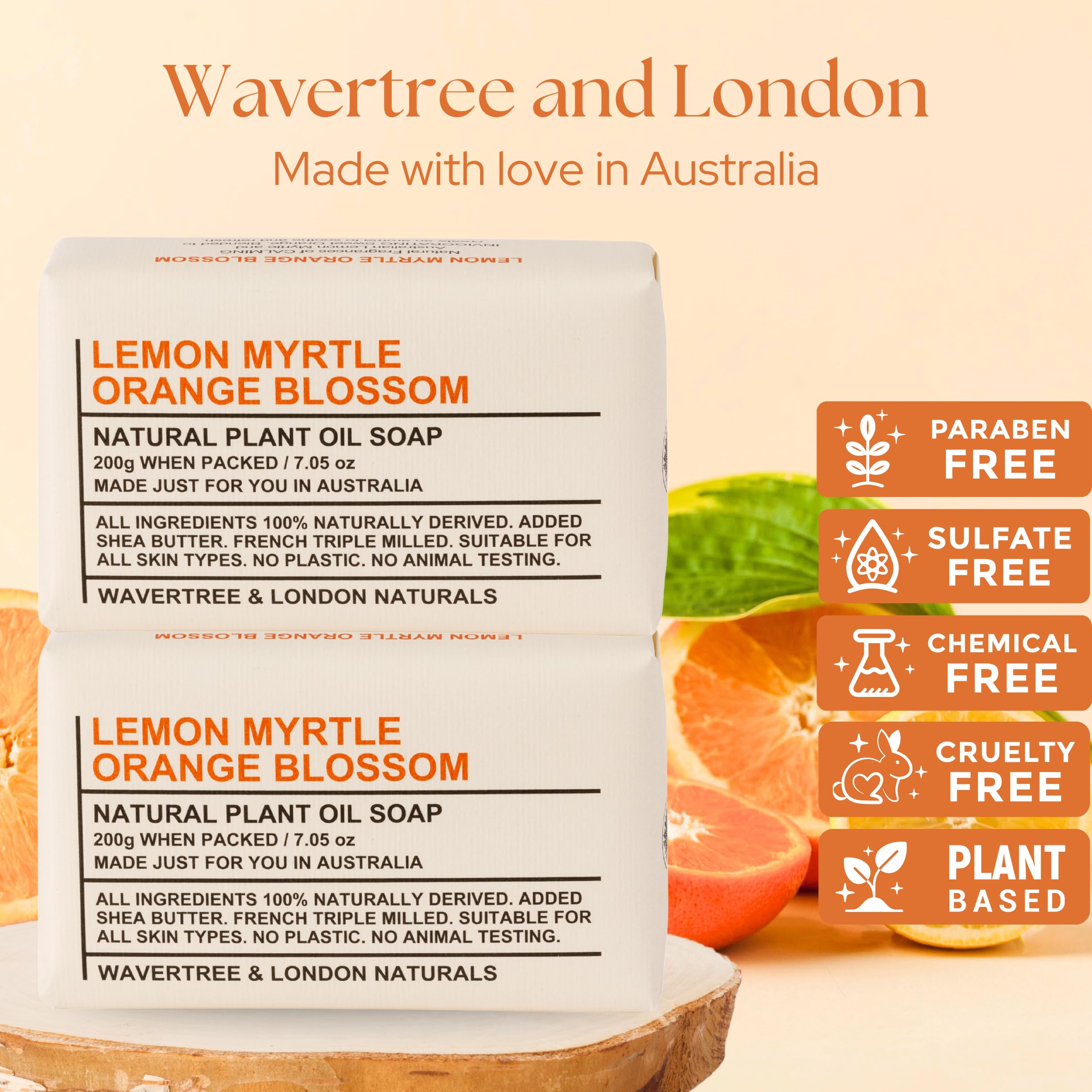 Wavertree & London Lemon Myrtle & Orange Blossom Natural Soap Bars, 2x7oz