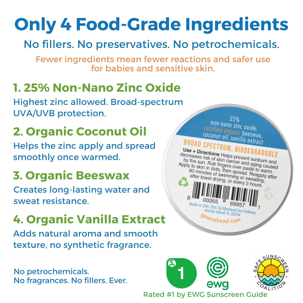 Waxhead Zinc Oxide SPF 30 Face & Nose | Mineral Sunscreen Paste, Reef Safe, 2oz Travel Size